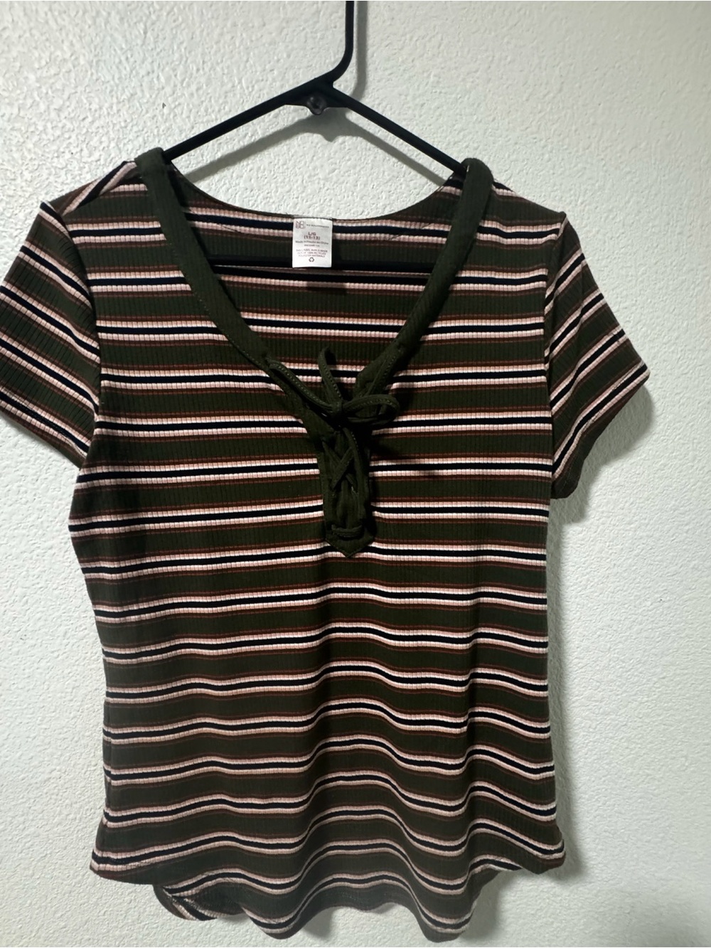 No Boundaries Olive Green and Pink Striped Tie-Front Tee